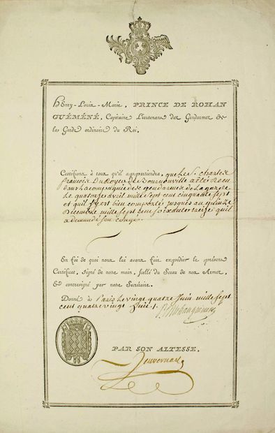 null GENDARMES DE LA GARDE DU ROI LOUIS XVI. Pièce Signée Henri-Louis-Marie PRINCE...