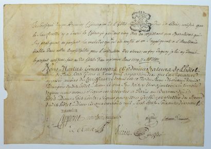 null HÔTEL-DIEU de PARIS - Document signed MOREAU Ecuyer, FIRST SURGEON of the Hôtel-Dieu...