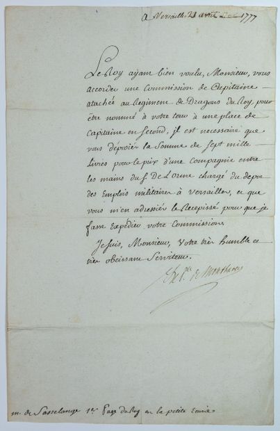 null VERSAILLES (Château de) April 21, 1777 - Letter signed Prince de MONTBAREY (Alexandre-Marie-Léonor...