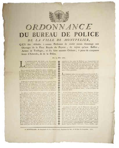 null MONTPELLIER (Hérault) 1775 " Ordinance of the Bureau of POLICE of MONTPELLIER,...