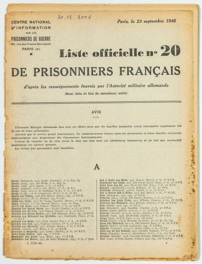 null WW2. PRISONNIERS DE GUERRE. Paris 23 Septembre 1940. « Liste officielle N°20...