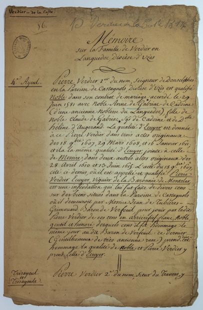 null GARD. 1778. PROOFS OF NOBILITY. Memorandum on the Family of VERDIER in LANGUEDOC,...