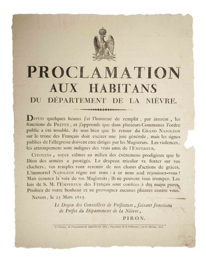 null NIÈVRE (LES CENT-JOURS). « NEVERS, le 25 Mars 1815. Proclamation de PIRON Préfet...