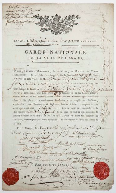 null HAUTE-VIENNE. 1789. "NATIONAL GUARD OF THE CITY OF LIMOGES" (87). Patent of...