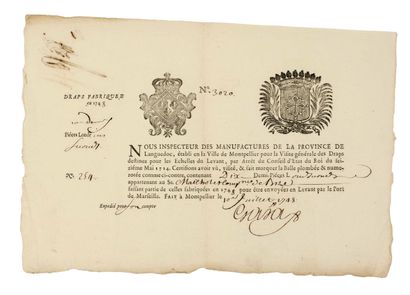 null HÉRAULT. DOUANE. 1748. Pièce signée de l’Inspecteur des Manufactures de la Province...