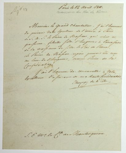 null BIRTH OF THE KING OF ROME, L'AIGLON, March 20, 1811. Letter signed Jean-Baptiste...
