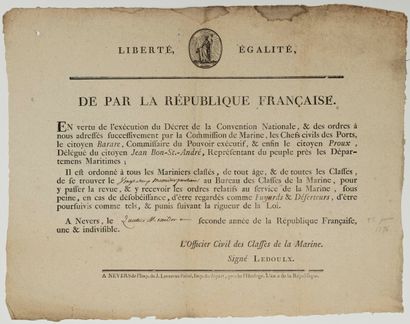 NIÈVRE. 1794. CLASSES DE LA MARINE. NEVERS,...