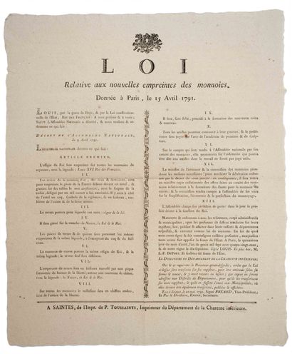 null MONNAIE à l’effigie de LOUIS XVI, Roi des Français. CHARENTE MARITIME : « Loi...