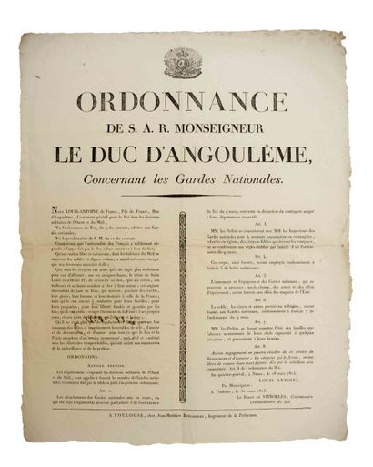 null GARD. 1815. « Ordonnance de S.A.R. Monseigneur LE DUC D’ANGOULÊME (Louis-Antoine),...