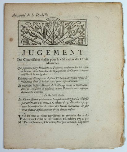 null AMIRAUTÉ DE LA ROCHELLE (17), 1741. « JUGEMENT Des Communes établis pour la...
