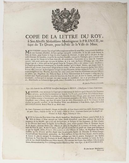 null SIÈGE DE MONS 1691 (Belgique actuelle). AIN - Copie de la Lettre du Roy LOUIS...