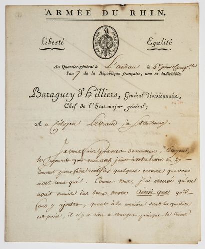 null Général Comte Louis BARAGUEY-D’HILLIERS (Paris 1764 - Berlin 1813) - Lettre...