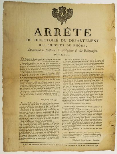 null BOUCHES-DU-RHÔNE. 1791. RÉVOLUTION. COSTUME DES RELIGIEUX. « Arrêté du Directoire...