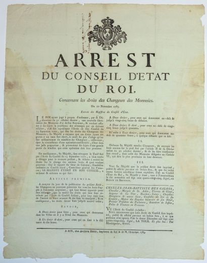null PROVENCE. 1785. CHANGEURS DES MONNAIES : " Arrest du Conseil d'Etat du Roi concernant...