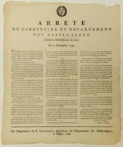 null BASSE-ALPES. 1791. JUSTICE RÉVOLUTIONNAIRE. « Arrêté du Directoire du Département...