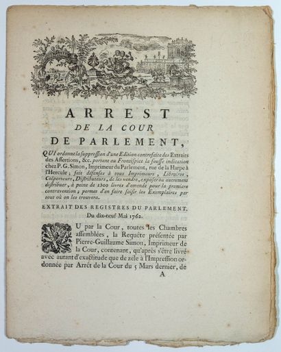 null LIBRAIRIE. 1762. ÉDITION CONTREFAITE. « Arrêt de la Cour de Parlement, qui ordonne...
