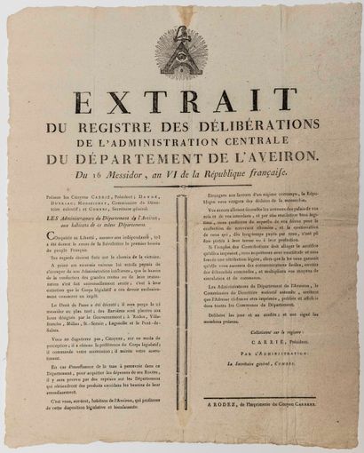 null AVEYRON. 1798. DROIT DE PASSE ET BARRIÉRES. Extrait du Registre des Délibérations...