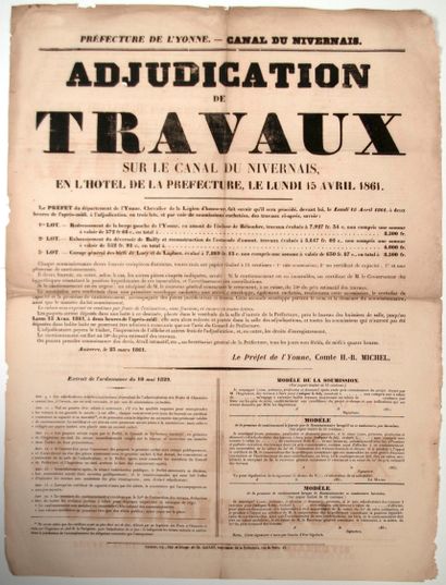 null YONNE. 1861. Adjudication de Travaux sur le CANAL DU NIVERNAIS, en l’Hôtel de...