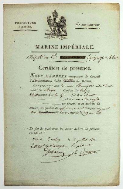 null "Certificate of presence of Albert Benoit LAMEYRE, native of BRUGES Department...