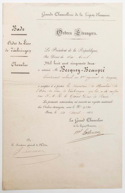 null LÉGION D’HONNEUR. 1852. Ordres Étrangers. Lettre signée du « Maréchal EXELMANS »...