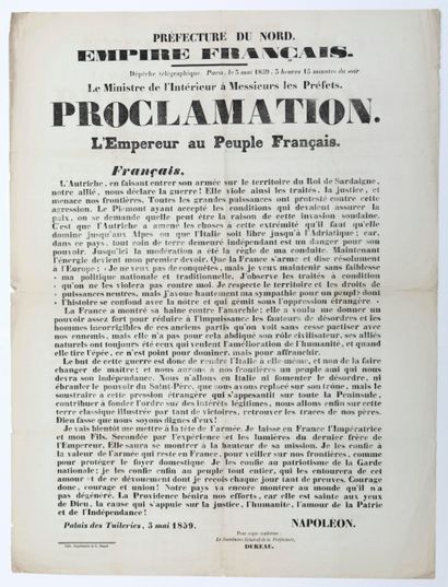 null NAPOLÉON III. 1859. « PROCLAMATION. L’EMPEREUR au Peuple Français. » Palais...