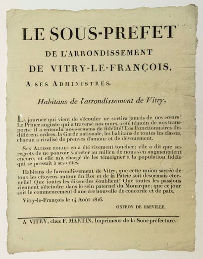 null MARNE. 1816. Adresse de Mr ONFROY DE BREVILLE « Le Sous-Préfet de l’Arrondissement...