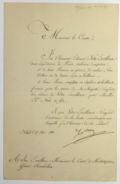 null BIJOUX DE L’EMPEREUR NAPOLÉON 1er. Lettre signée Pierre DARU Ministre, Secrétaire...