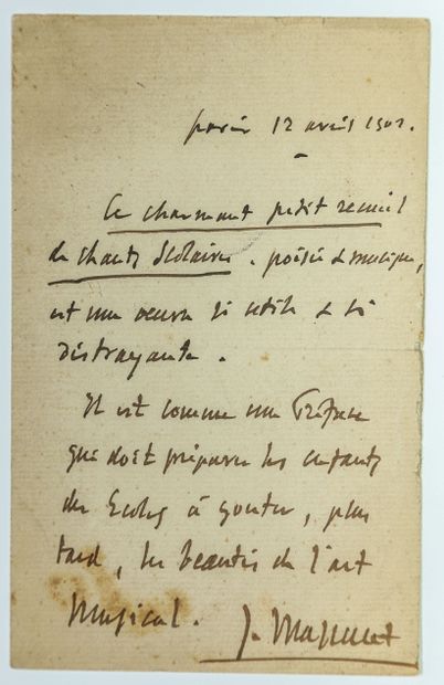 null Jules MASSENET, Compositeur, Pianiste (1842 – 1912). Lettre autographe signée...