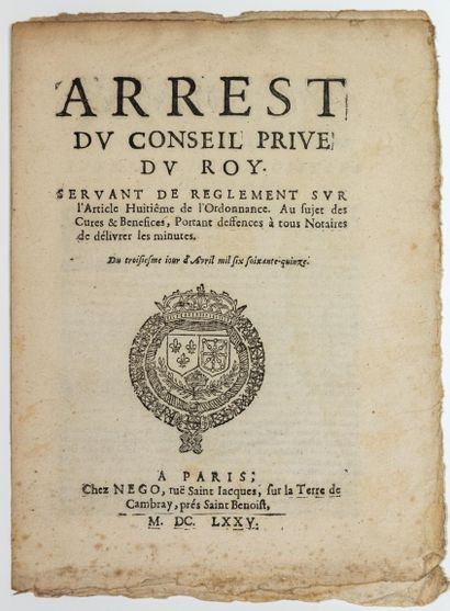 null SARTHE. CURE OF BONNÉTABLE. NOTARY "ARREST of the private council of the King...