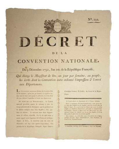 null PRINTING OF LAWS. GARAT "Decree of the NATIONAL CONVENTION, of December 9, 1792,...
