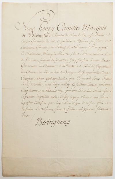 null Marquis de BERINGHEN. CHÂTEAU DE VERSAILLES (78) 3 juillet 1762. Certificat...