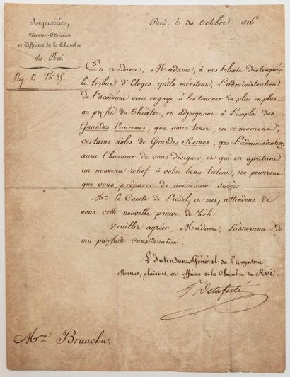 null MENUS-PLAISIRS DU ROI. Paris 30 Octobre 1816. Lettre signée PAPILLON DE LA FERTÉ...