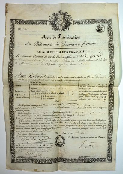 null MANCHE. 1833. CUSTOMS. MARINE. Act of francization of a French trading vessel....