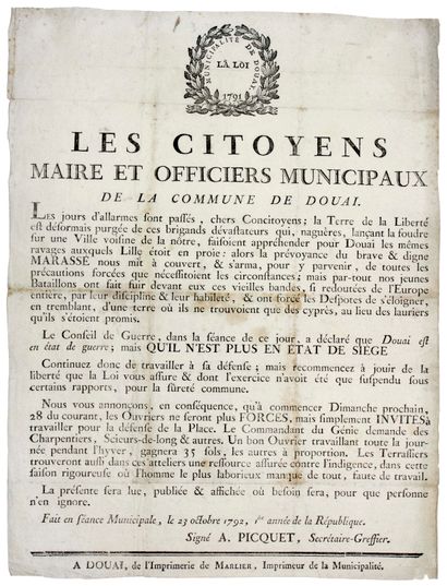 null NORD. 1792. DOUAI. « Les Citoyens Maire et Officiers Municipaux de la Commune...
