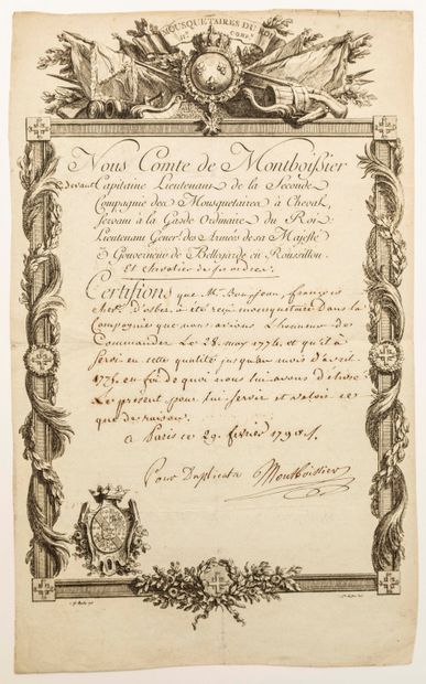null MOUSQUETAIRES DU ROI LOUIS XVI. Certificat de service militaire dans les Mousquetaires...