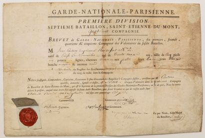 null RÉVOLUTION 1790. Brevet de Volontaire dans la GARDE-NATIONALE-PARISIENNE délivré...