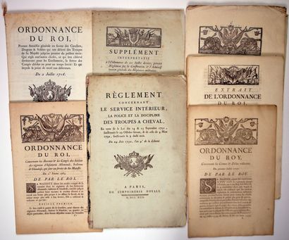 null ARMÉES ROYALES. CAVALIERS, DRAGONS SOLDATS. 7 Imprimés in-folio. (1749 / 1792) :...