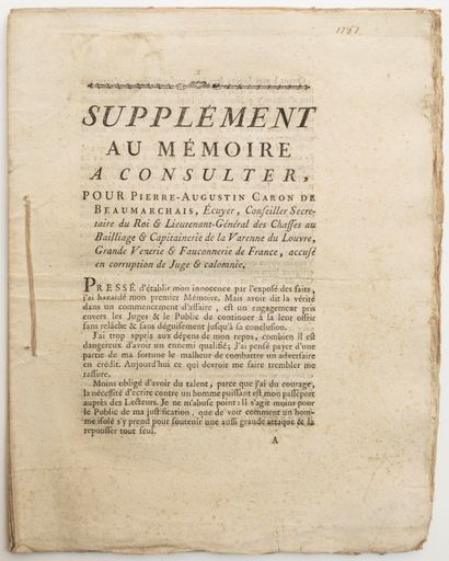null CARON DE BEAUMARCHAIS (Pierre Augustin) Écrivain. PROCÈS de 1773, le concernant :...