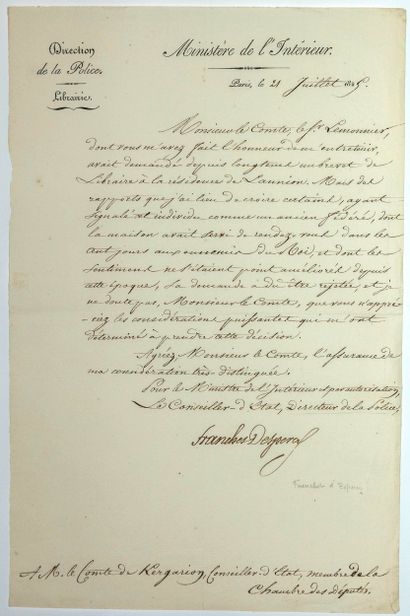 null POLICE DE LA LIBRAIRIE – Paris 21 Juillet 1825 – Lettre signée FRANCHET D’ESPÉREY...