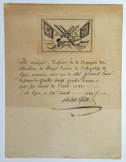 null RHÔNE. NOBLE JEU DE L’ARQUEBUSE DE LYON. Quittance, signée LYON 31 Aout 1782,...