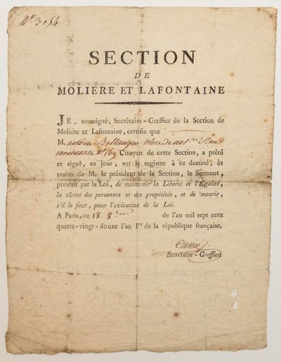 null PARIS 1792. “SECTION DE MOLIÈRE ET LA FONTAINE” (En-tête imp.) - Certificat...