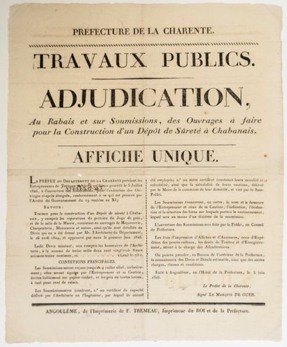 null CHARENTE. 1826. PRISON. « Adjudication au rabais et sur Soumissions, des Ouvrages...