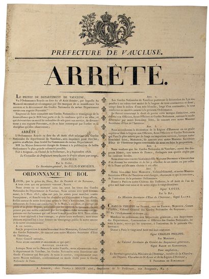 null GARDES NATIONALES DE VAUCLUSE. 1816. Arrêté de FLÉCHIER Préfet de Vaucluse,...
