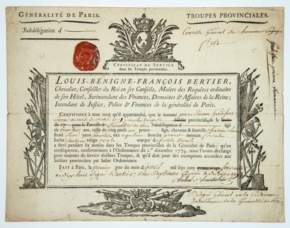 null PROVINCIAL TROOPS OF PARIS. Generality of Paris - Certificate of service for...