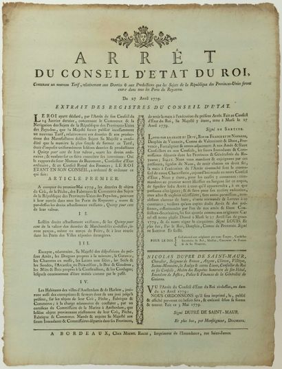 null GIRONDE. 1779. TRADE WITH THE NETHERLANDS. NEW CUSTOMS TARIFF: "Decree of the...