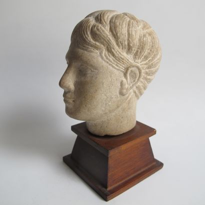 null Head of young man. Marble. Head height 9.5cm. Wooden base 4cm. Roman style.