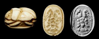 null Scarab probably in magnesite engraved with a symbol consisting of three male...