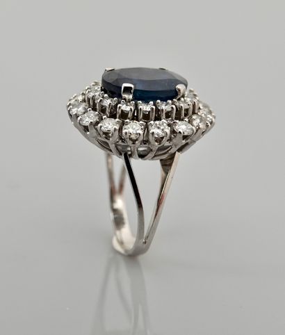 null White gold ring, 750 MM, centered on an oval sapphire weighing 6.50 carats approximately...