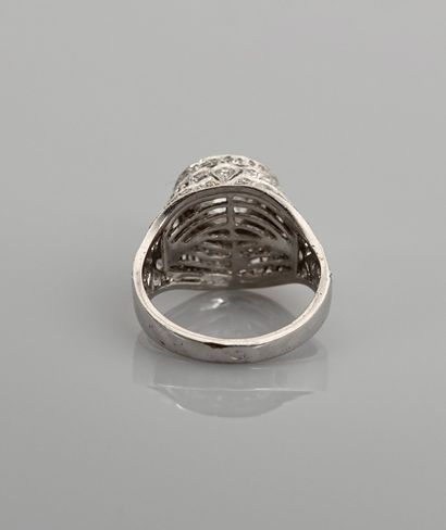 null Ring in white gold, 750 MM, centered on a crowned rose in a decoration covered...