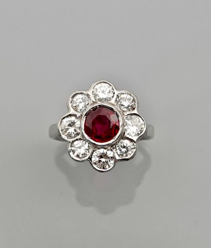 null 
Ring in white gold, 750 MM, centered with a cushion-cut ruby weighing 1.09...